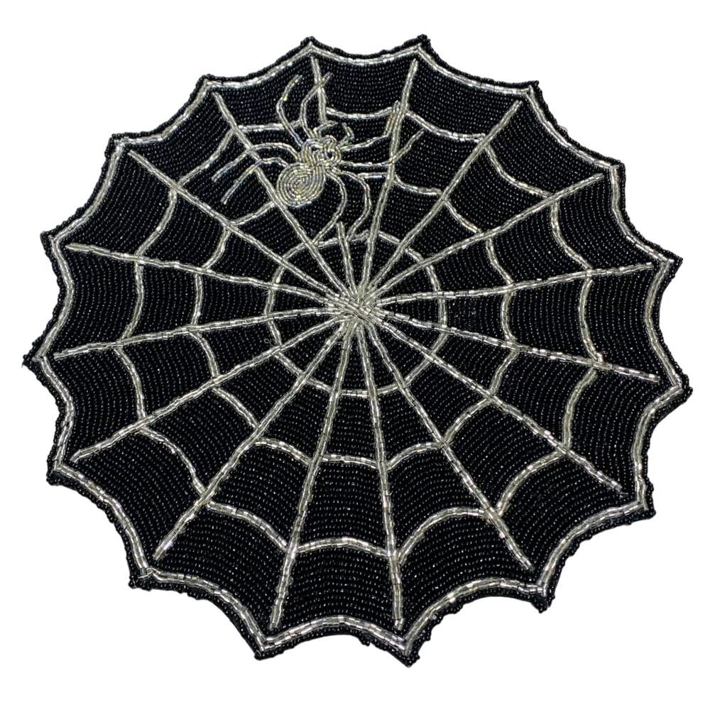 Tahari SPIDER WEB Placemat 15in Beaded Black & Silver Spooky Halloween Glam New